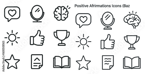 Positive affirmations line icons set – linear, motivational and inspirational graphics
