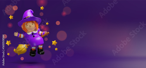 A cheerful 3D Halloween banner featuring a flying witch girl in a purple costume, by glowing stars. Seasonal party invitations, Halloween promotions, childrens content, and spooky-themed designs.