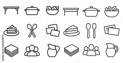 Kitchen and dining outline icons set – cooking, flatware, culinary essentials