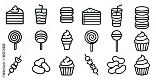 Dessert and snack outline icons set – line, linear, confectionery symbols