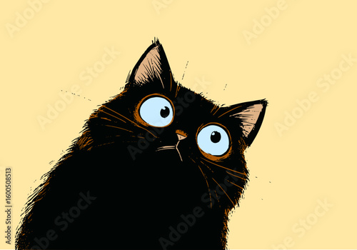 Curious black cat with staring eyes on vibrant colorful background in pop art style