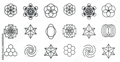 Sacred geometry outline icons set – linear, spiritual symbols and mystical designs