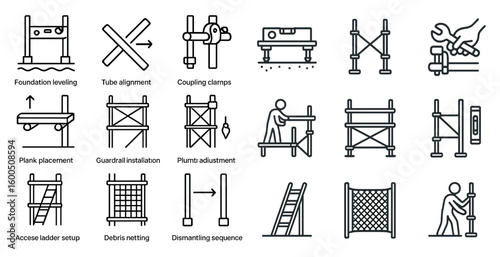 Construction and scaffolding line icons set – tools, building, safety symbols
