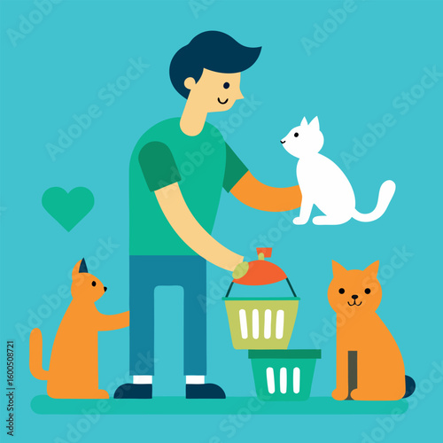 Volunteer at animal shelter spreading love and care for rescued pets colour Art Vector illustration
