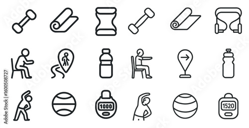 Fitness and exercise outline icons set – health, workout, gym symbols