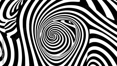 Swirling black and white pattern creates optical illusion with dynamic, wavy lines, forming a hypnotic and abstract, high-contrast visual experience
