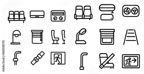 Airplane and transportation linear icons set – sleek, outline, travel essentials symbols