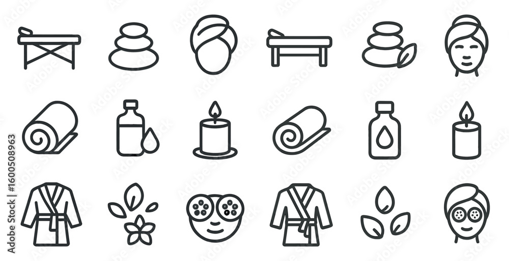 Fototapeta premium Spa and wellness linear icons set – relaxation, beauty, rejuvenation symbols