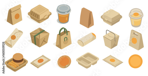 Food packaging isometric icons set – eco-friendly, takeaway, biodegradable symbols