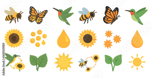 Nature and wildlife flat icons set – filled, garden, pollinator symbols
