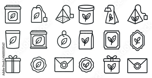 Herbal tea line icons set – outline, organic, beverage symbols