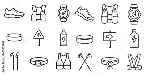 Outdoor adventure line icons set – hiking, camping, travel gear symbols
