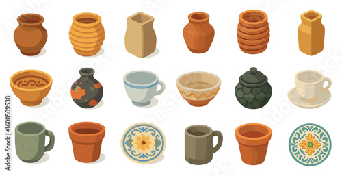 Pottery and ceramics icons set – flat, outline, clay and earthenware symbols