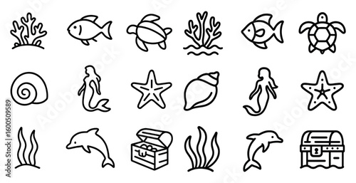 Marine life icons set - outline, aquatic, ocean animals and sea creatures symbols