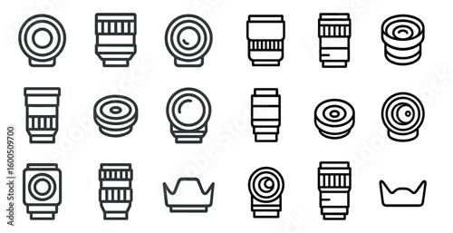Camera lens outline icons set – photography, optics, equipment symbols