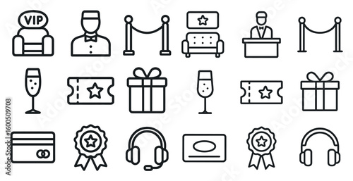 Event and vip linear icons set – outline, exclusive, party symbols for planning