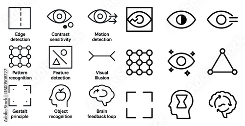 Vision science outline icons set – linear, brain processes, perception symbols
