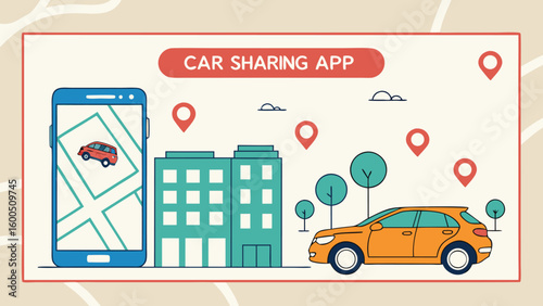 Illustration depicting a car sharing app with a smartphone, buildings, trees, and a car on a beige background