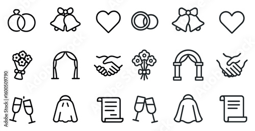 Wedding and romance outline icons set – elegant, linear, love symbols collection