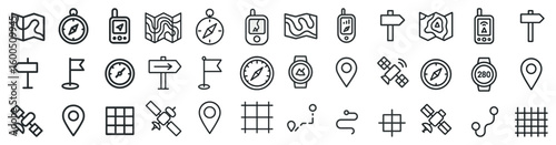 Map and navigation icons set – line, outline, directional and gps symbols