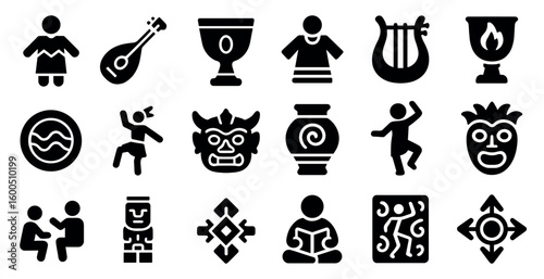 Ancient and mythological silhouette icons set – solid, filled, cultural and historical symbols