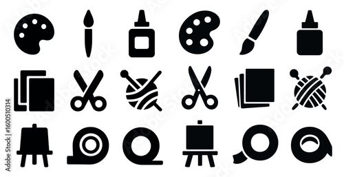 Art and craft solid icons set – painting, knitting, creative design symbols