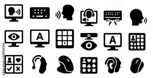 Accessibility solid icons set – filled, assistive, technology symbols