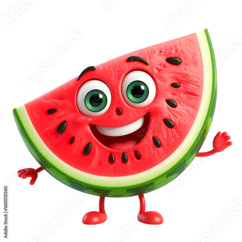 Happy Watermelon Mascot: A vibrant, cartoon watermelon slice comes to life with a cheerful expression and playful pose, radiating positivity.