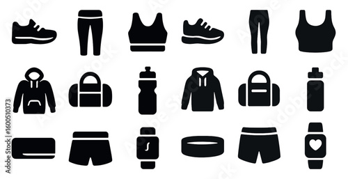 Fitness and gym silhouette icons set – exercise, workout, healthy lifestyle symbols