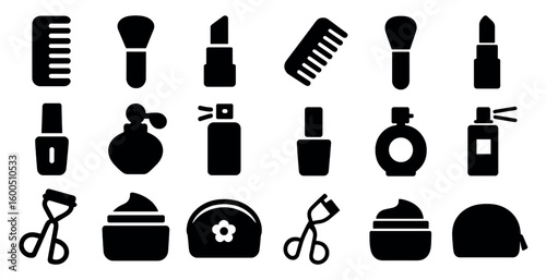 Beauty and personal care silhouette icons set – makeup, cosmetic, grooming symbols