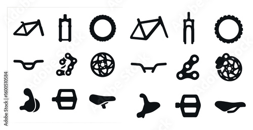 Bicycle parts silhouette icons set – solid, outline, cycling and bike components