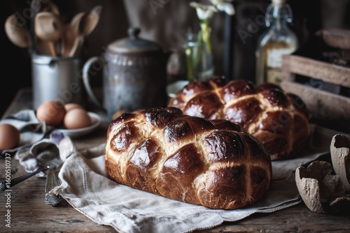 two braided loaves of sweet hot cross buns, surrounded by an old-fashioned kitchen setting with vintage utensils