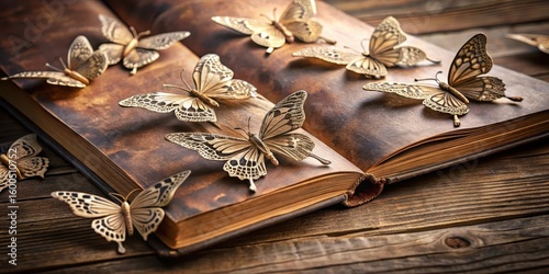 Wallpaper Mural Intricate filigree butterflies emerging from old leather-bound book pages Torontodigital.ca
