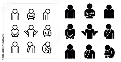 Emotion and gesture line icons set – outline, silhouette, expressive actions collection