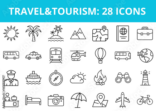 Travel and tourism set icon collection featuring 28 line art symbols  