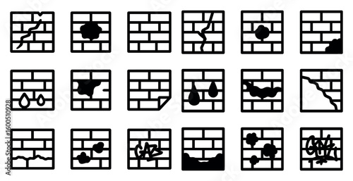 Wall damage outline icons set – crack, broken structure, construction symbols