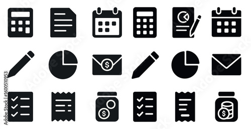 Finance and accounting solid icons set – black, silhouette, business and money graphics