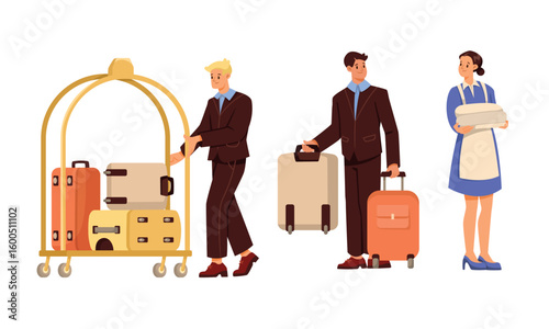 The hotel staff help guests with luggage and checkin for a pleasant stay experience