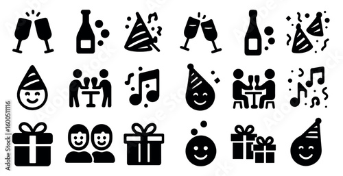 Party celebration solid icons set – festive, filled, event and party symbols