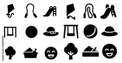 Playground and kids solid icons set – silhouette, filled, play area graphics