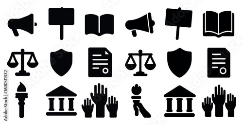 Legal and justice silhouette icons set – solid, filled, law and court symbols
