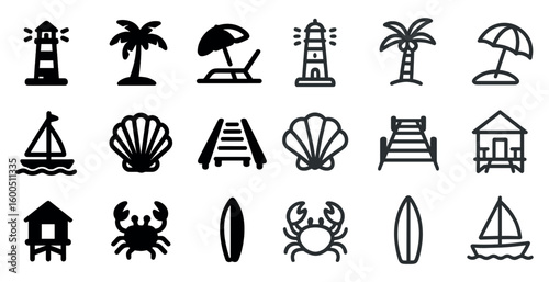 Beach and vacation outline icons set – silhouette, linear, summer and holiday symbols