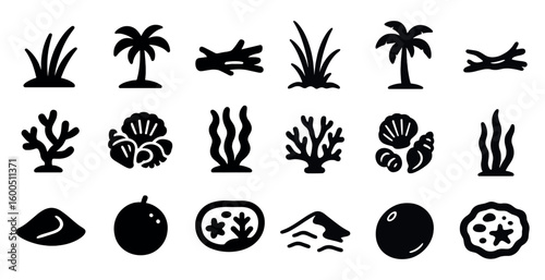 Nature and beach silhouette icons set – filled, solid, ocean and sea life symbols