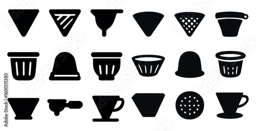 Coffee brewing silhouette icons set – solid, filled, cafe and espresso symbols
