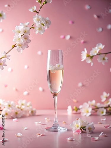 Wallpaper Mural Delicate empty champagne flute placed on a soft pink background with small cherry blossoms scattered around it Torontodigital.ca
