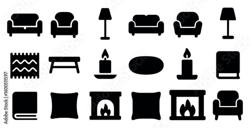 Home decor silhouette icons set – flat, solid, interior and furniture symbols