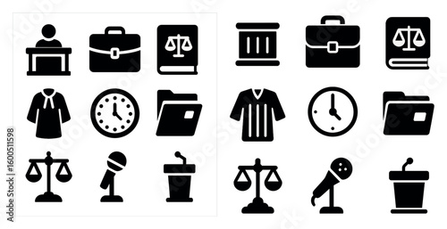 Legal and justice flat icons set – solid, law, courtroom symbols for attorneys