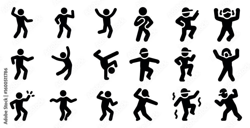 Naklejka premium Dance and movement silhouette icons set – solid, filled, activity symbols