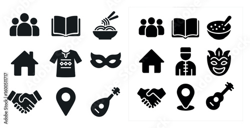 Community and culture silhouette icons set – solid, bold, group and social symbols