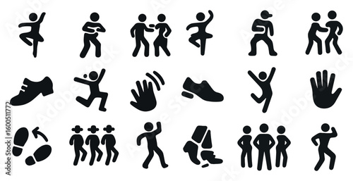 Dance and movement silhouette icons set – solid, filled, performance symbols